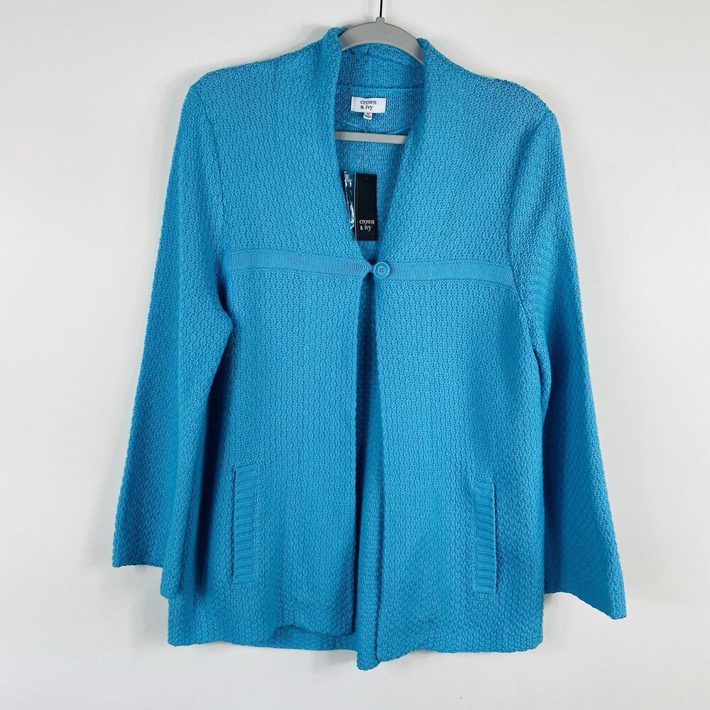 Crown & Ivy Cardigan Sweater Medium Blue Turquoise One Button Pockets